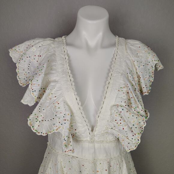 FARM Rio Boho Ivory Eyelet Lace Patch Beaded Tiered Mini Dress Size Medium - Picture 8 of 15